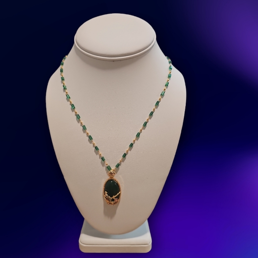 Handcrafted Emerald-like Gemstone Magpie Pendant Necklace.